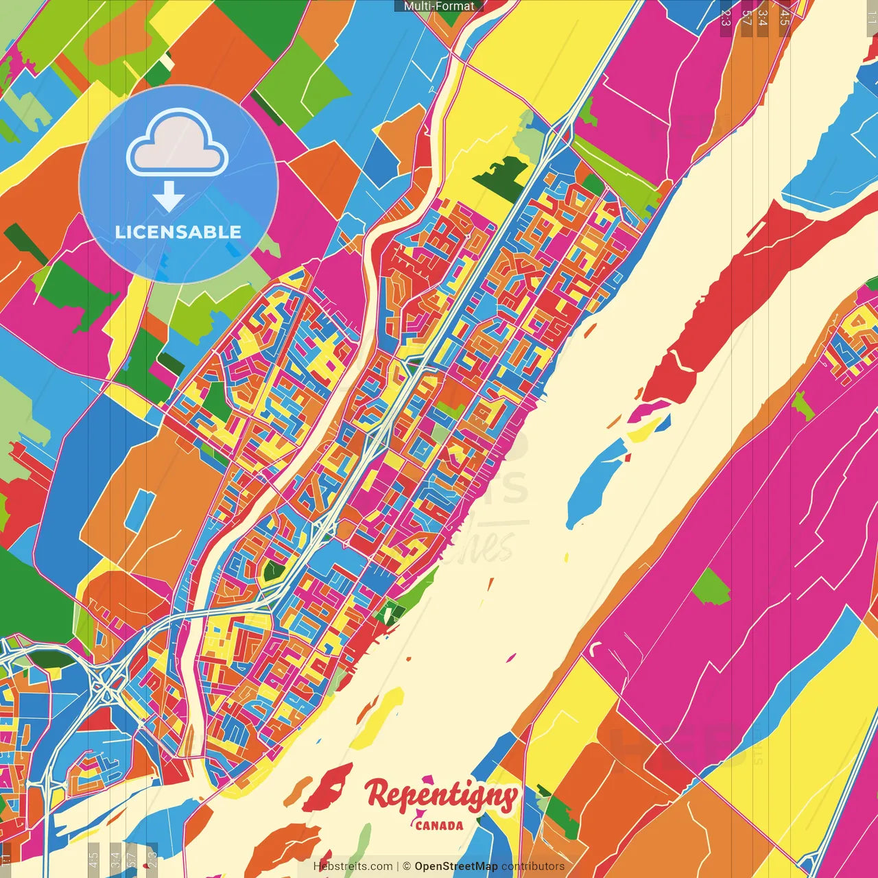 Repentigny, Quebec, Canada Crazy Colorful Street Map Poster Template