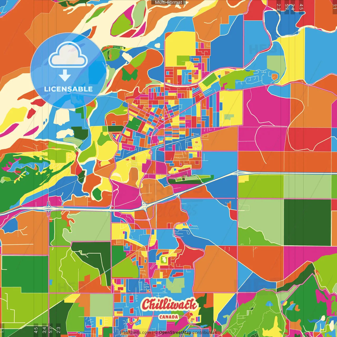 Chilliwack, British Columbia, Canada Crazy Colorful Street Map Poster Template