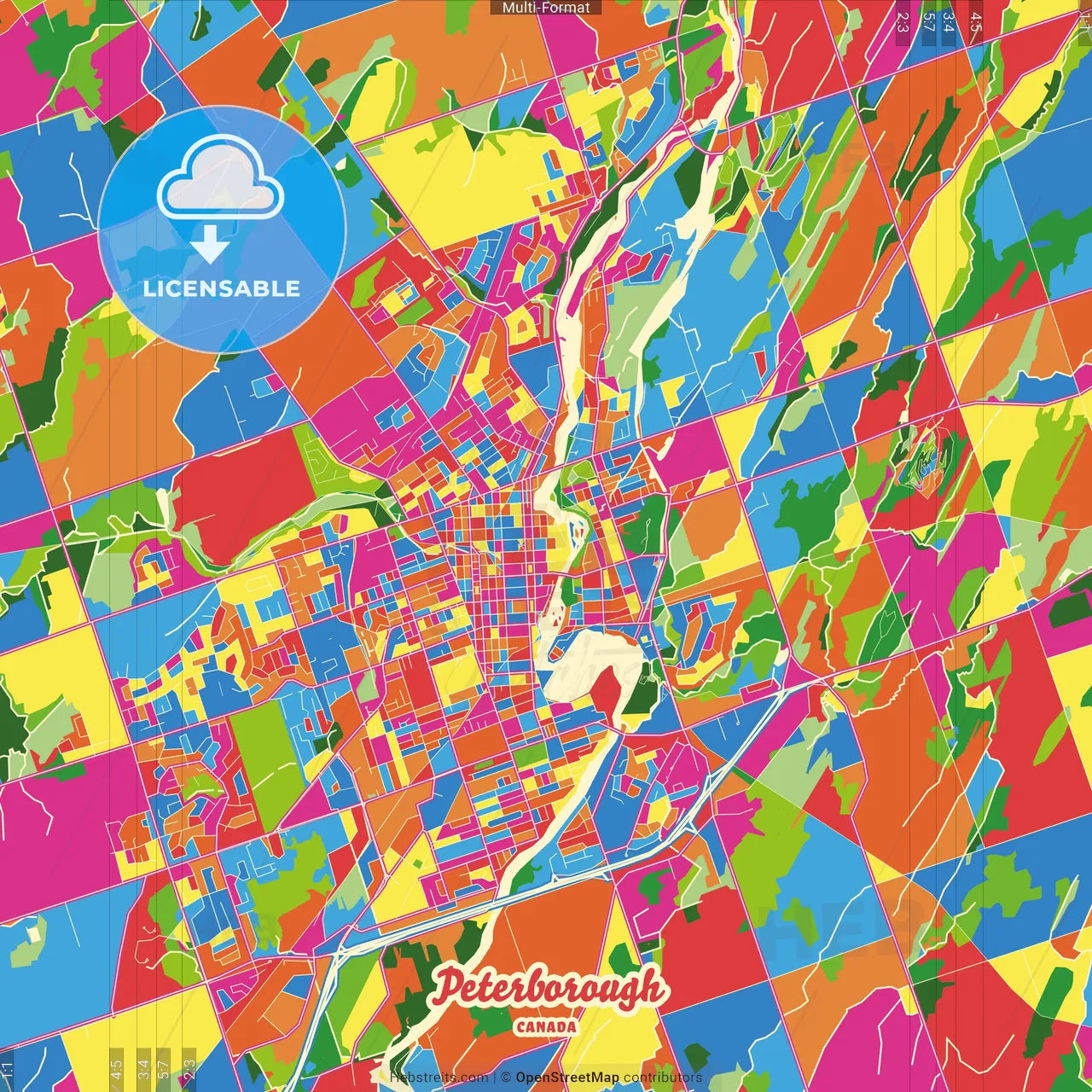 Peterborough, Ontario, Canada Crazy Colorful Street Map Poster Template