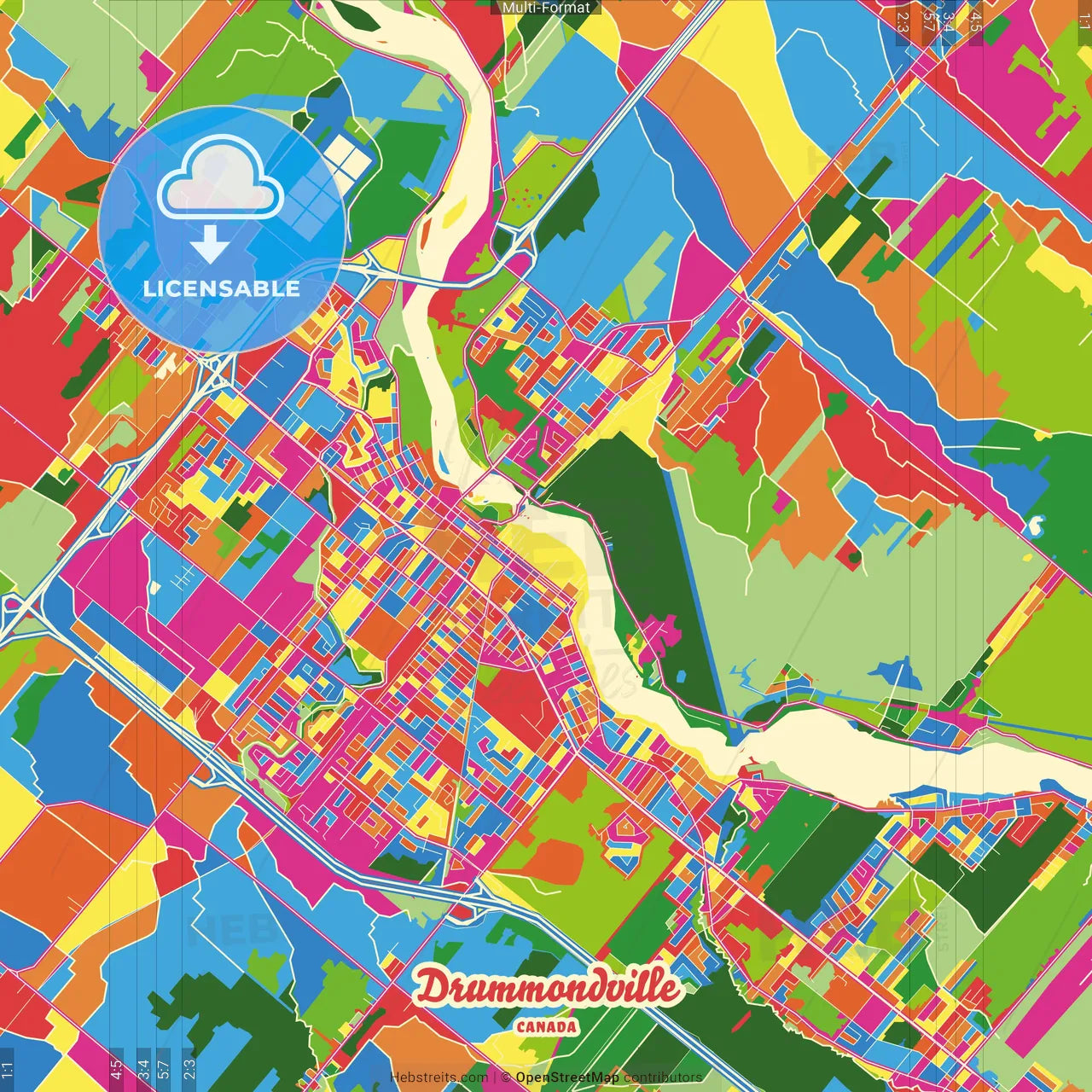 Drummondville, Quebec, Canada Crazy Colorful Street Map Poster Template