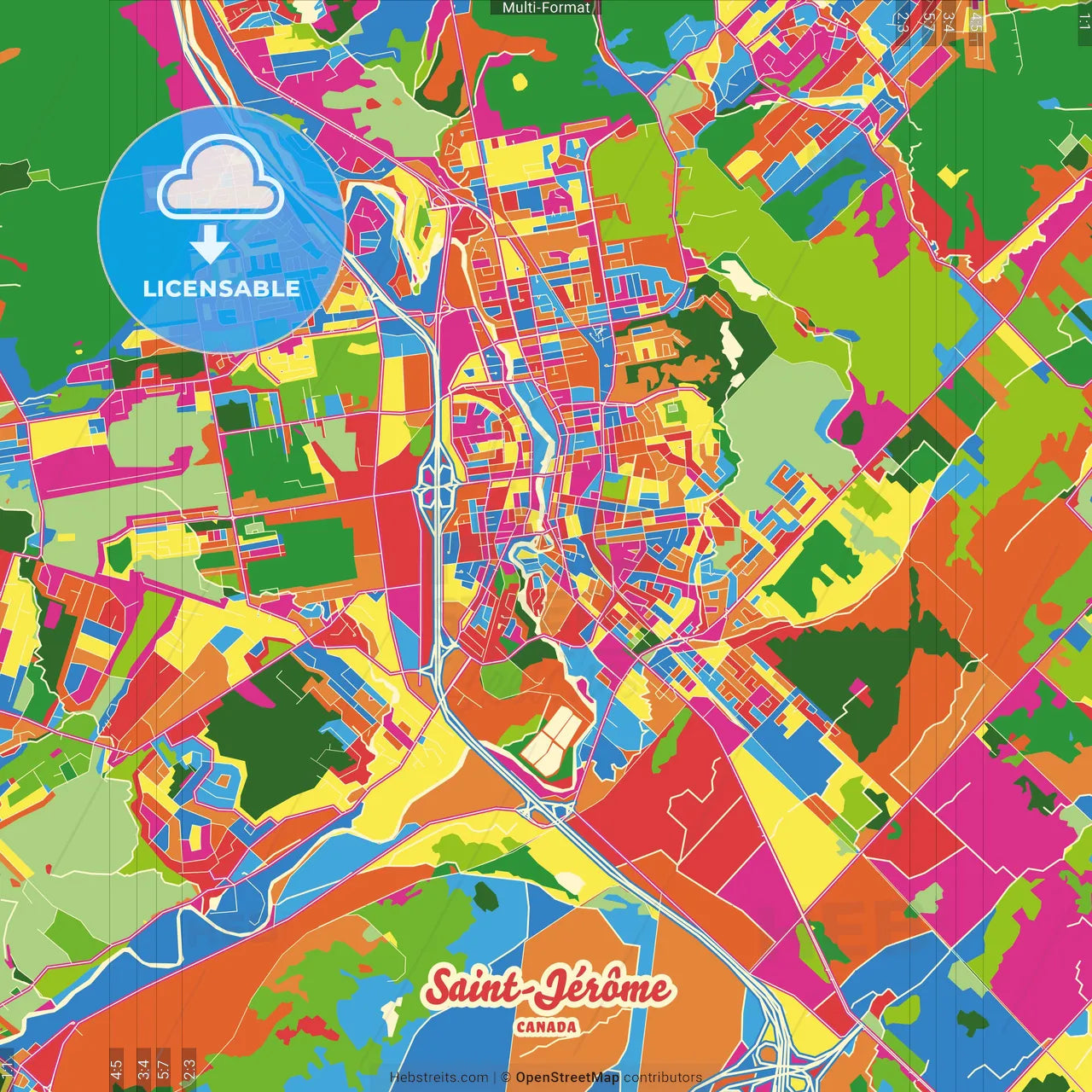 Saint-Jérôme, Quebec, Canada Crazy Colorful Street Map Poster Template