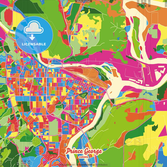 Prince George, British Columbia, Canada Crazy Colorful Street Map Poster Template