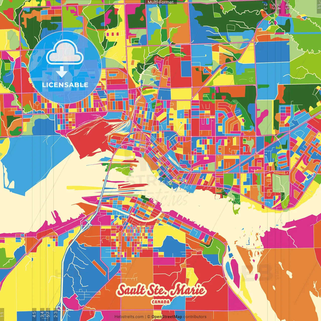 Sault Ste. Marie, Ontario, Canada Crazy Colorful Street Map Poster Template