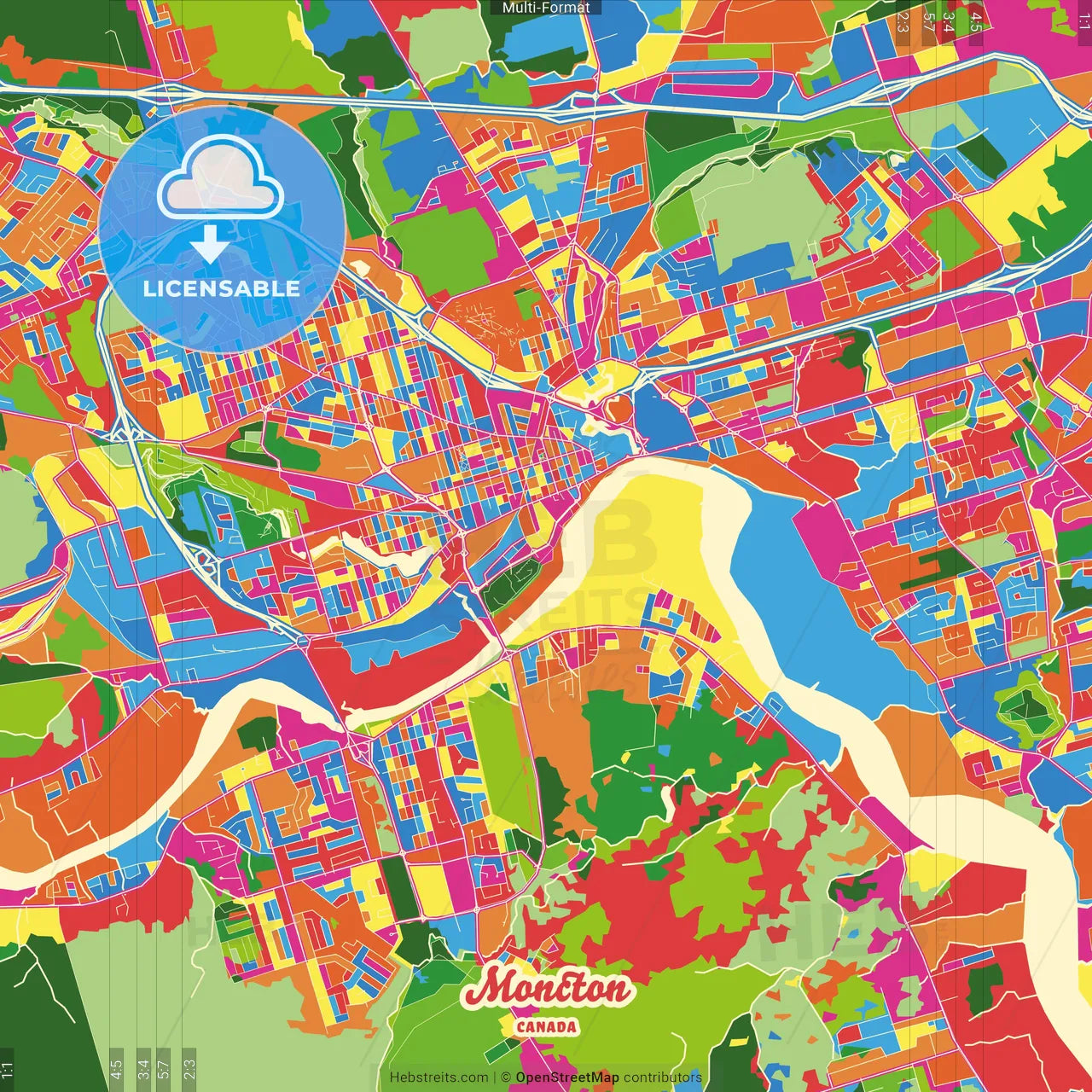 Moncton, New Brunswick, Canada Crazy Colorful Street Map Poster Template