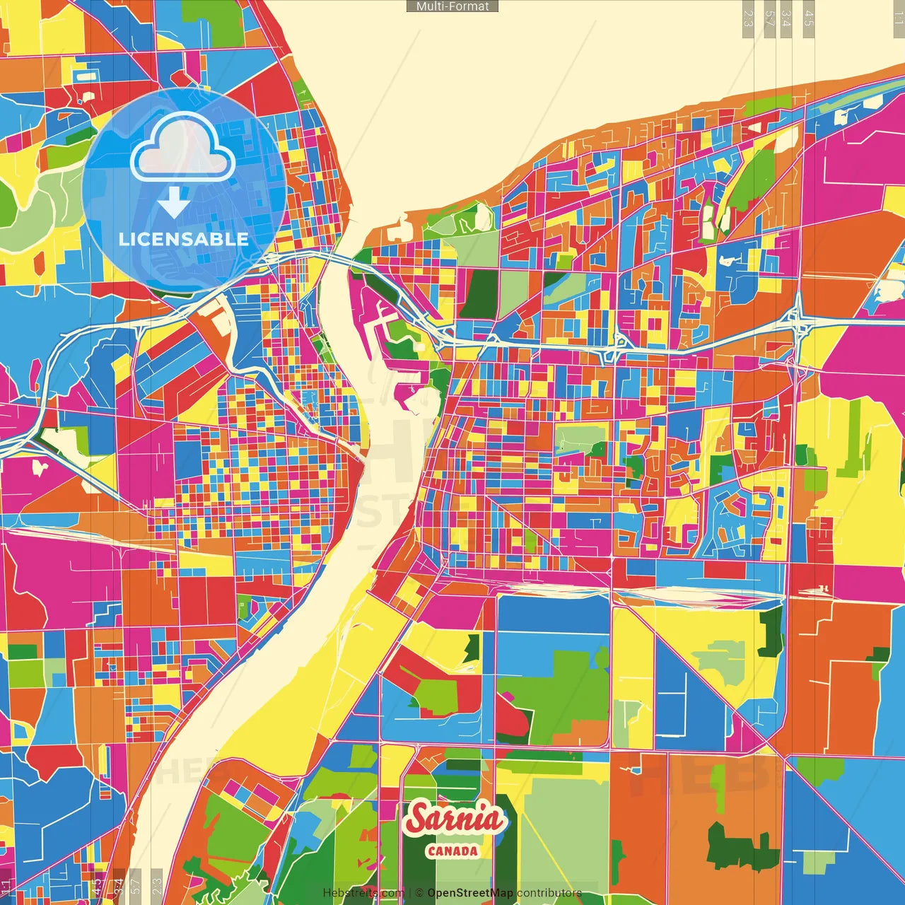 Sarnia, Ontario, Canada Crazy Colorful Street Map Poster Template
