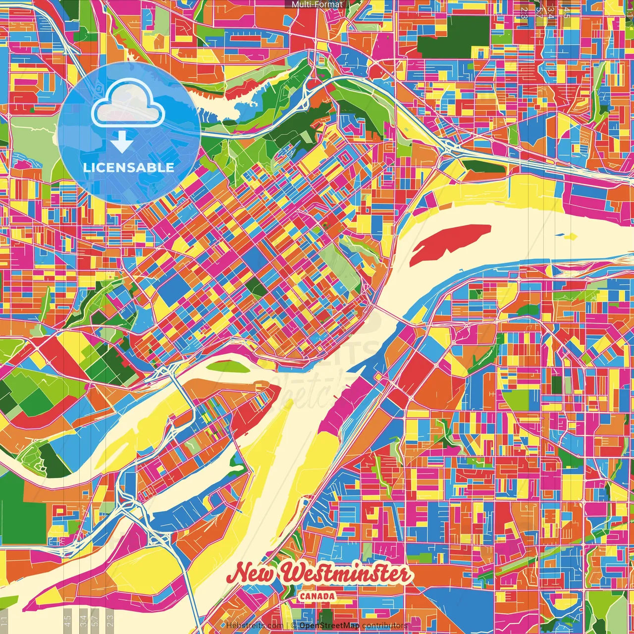 New Westminster, British Columbia, Canada Crazy Colorful Street Map Poster Template