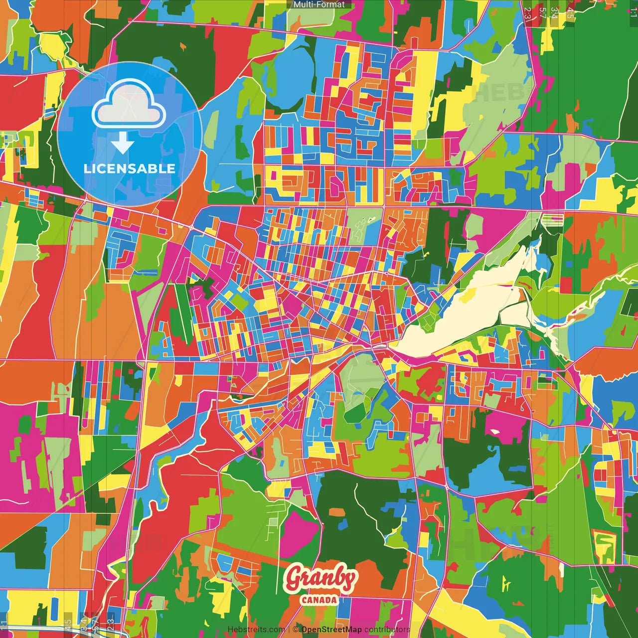 Granby, Quebec, Canada Crazy Colorful Street Map Poster Template