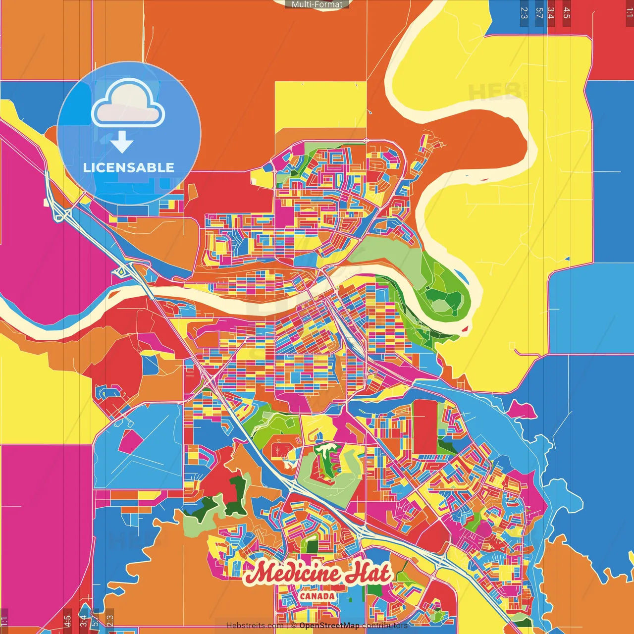 Medicine Hat, Alberta, Canada Crazy Colorful Street Map Poster Template