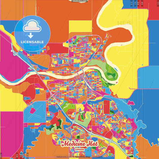 Medicine Hat, Alberta, Canada Crazy Colorful Street Map Poster Template