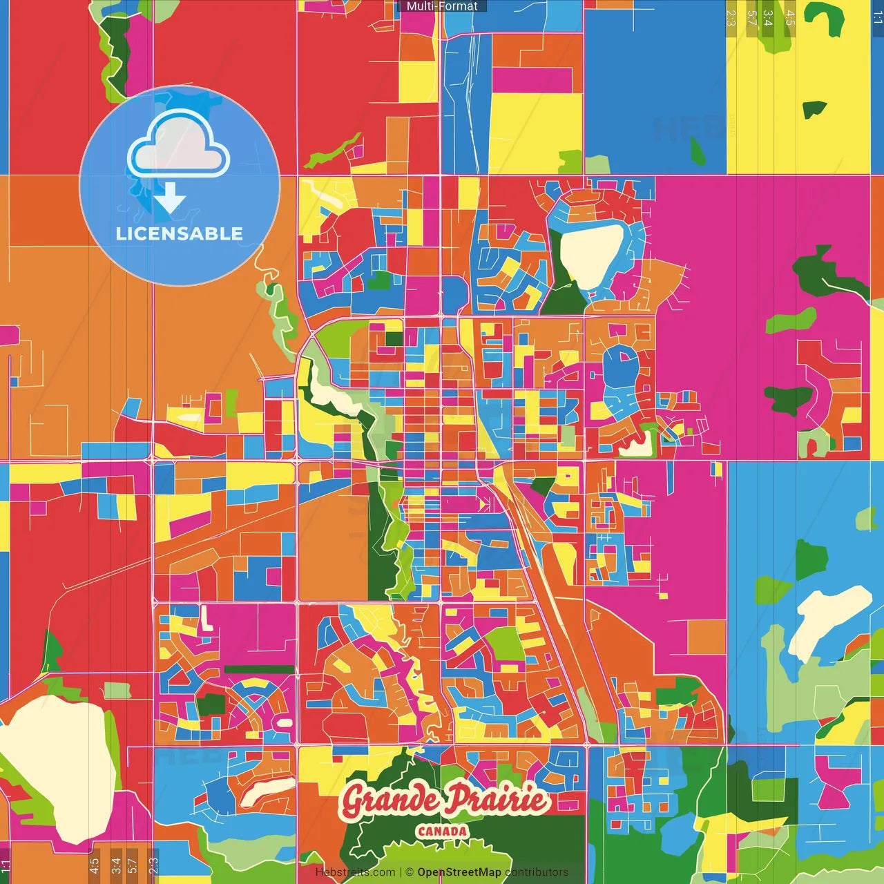 Grande Prairie, Alberta, Canada Crazy Colorful Street Map Poster Template