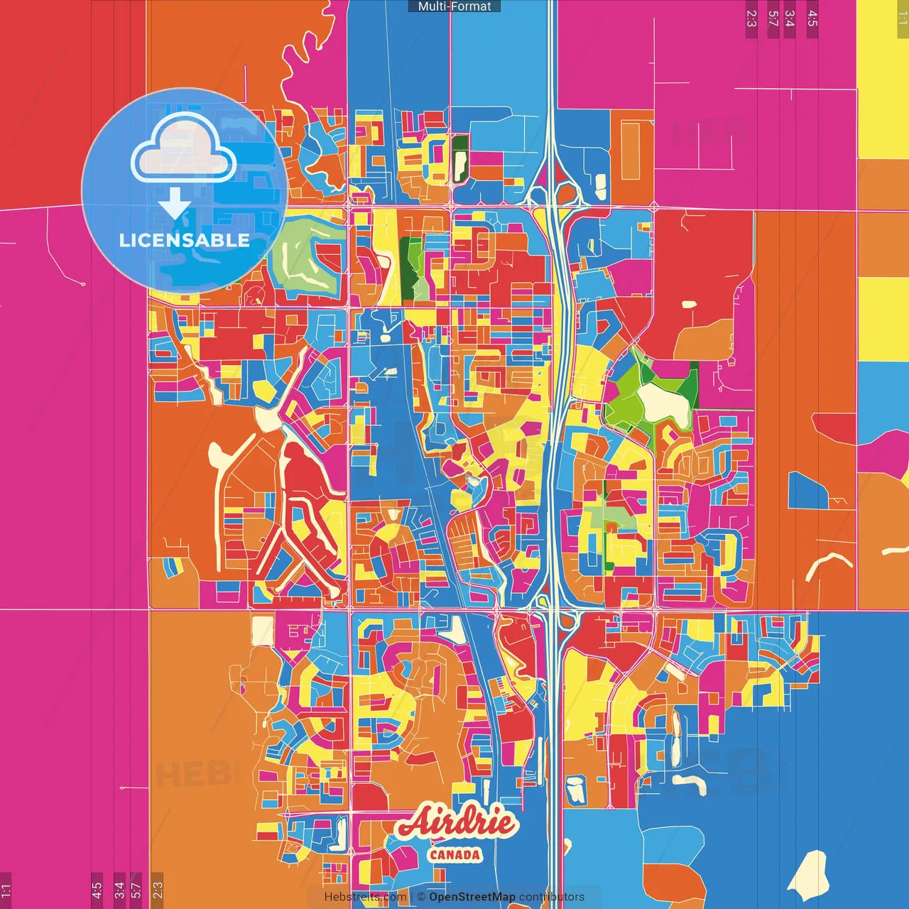 Airdrie, Alberta, Canada Crazy Colorful Street Map Poster Template