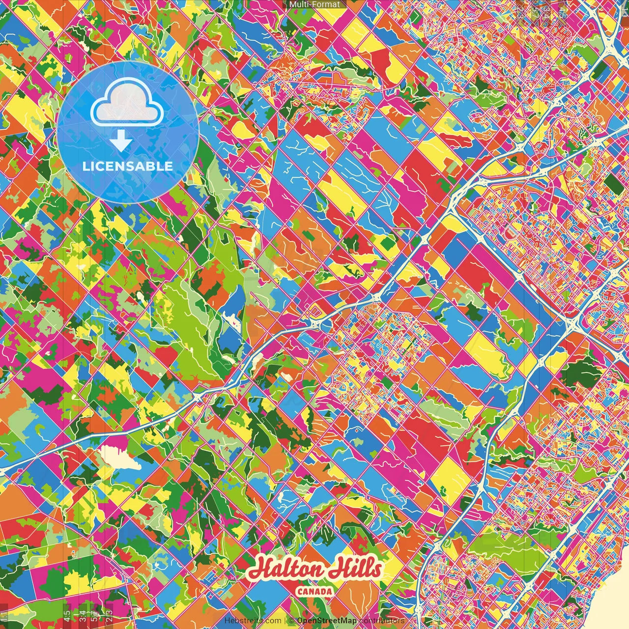 Halton Hills, Ontario, Canada Crazy Colorful Street Map Poster Template