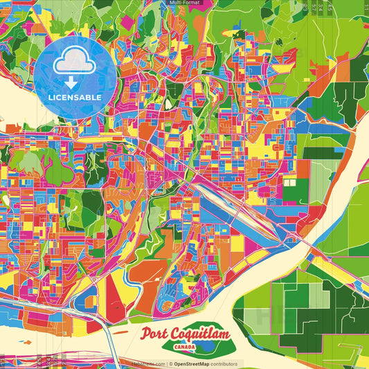 Port Coquitlam, British Columbia, Canada Crazy Colorful Street Map Poster Template