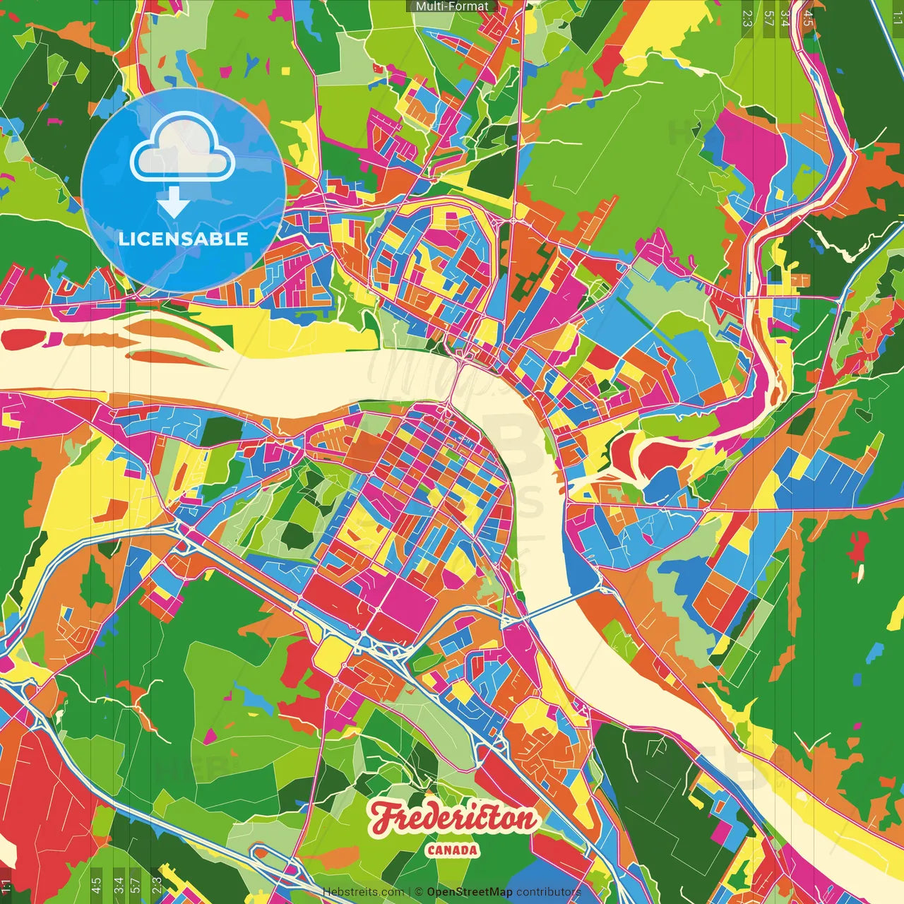 Fredericton, New Brunswick, Canada Crazy Colorful Street Map Poster Template