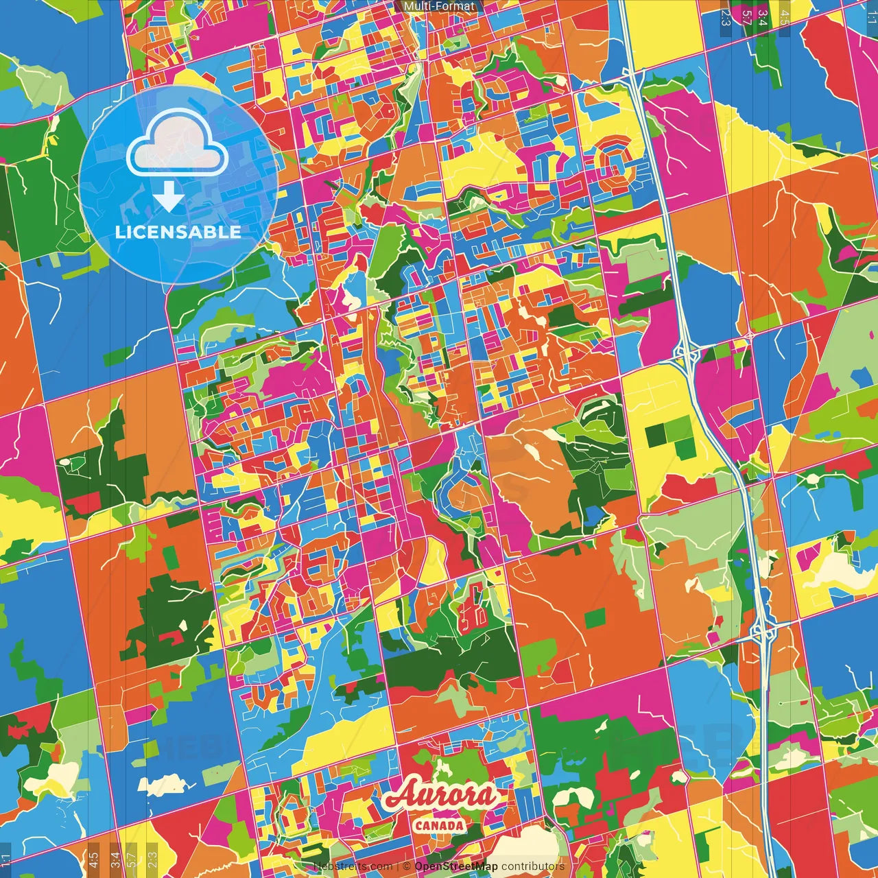 Aurora, Ontario, Canada Crazy Colorful Street Map Poster Template