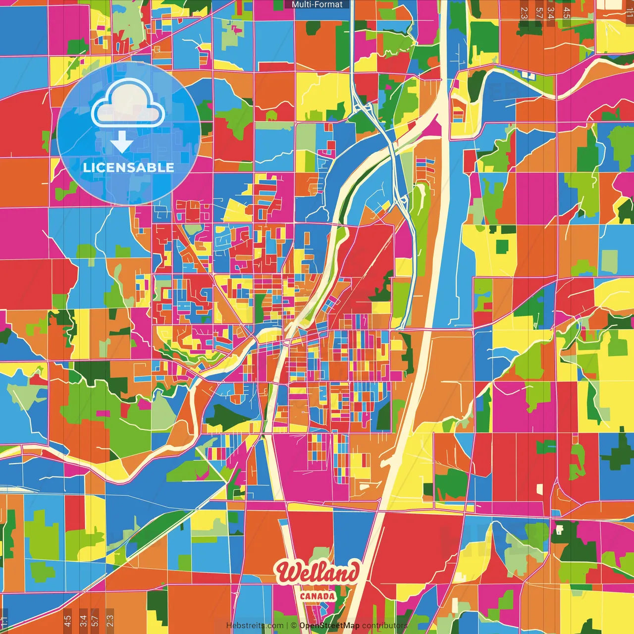 Welland, Ontario, Canada Crazy Colorful Street Map Poster Template
