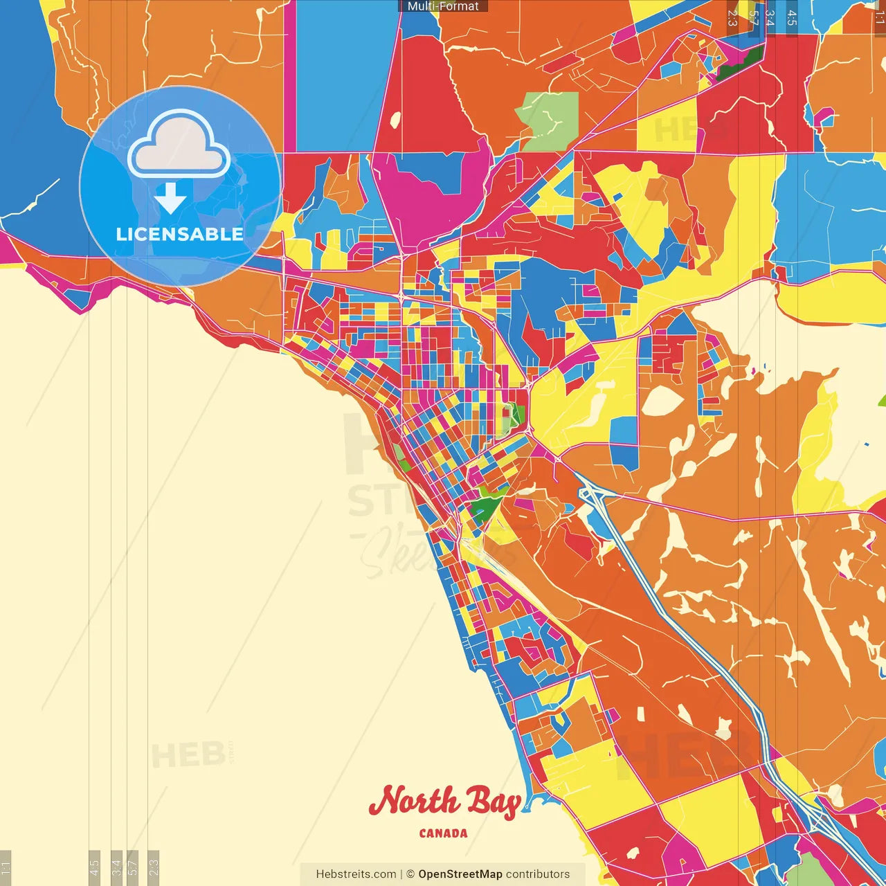 North Bay, Ontario, Canada Crazy Colorful Street Map Poster Template