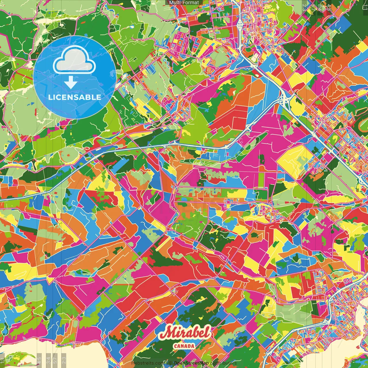 Mirabel, Quebec, Canada Crazy Colorful Street Map Poster Template