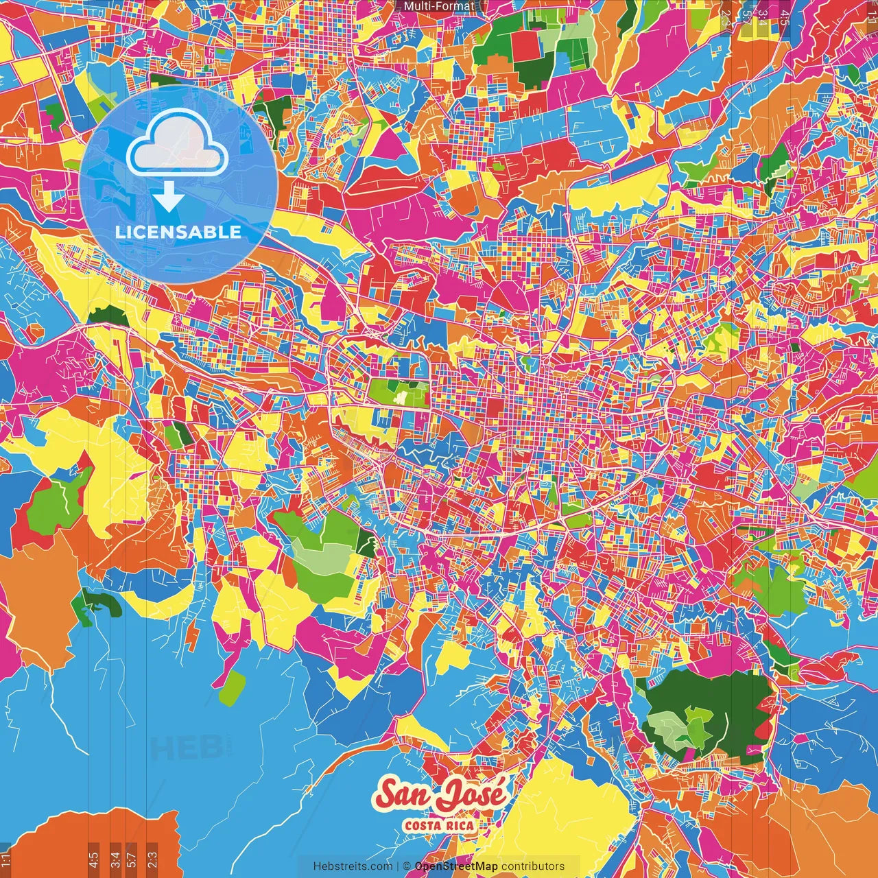 San José, San José, Costa Rica Crazy Colorful Street Map Poster Template