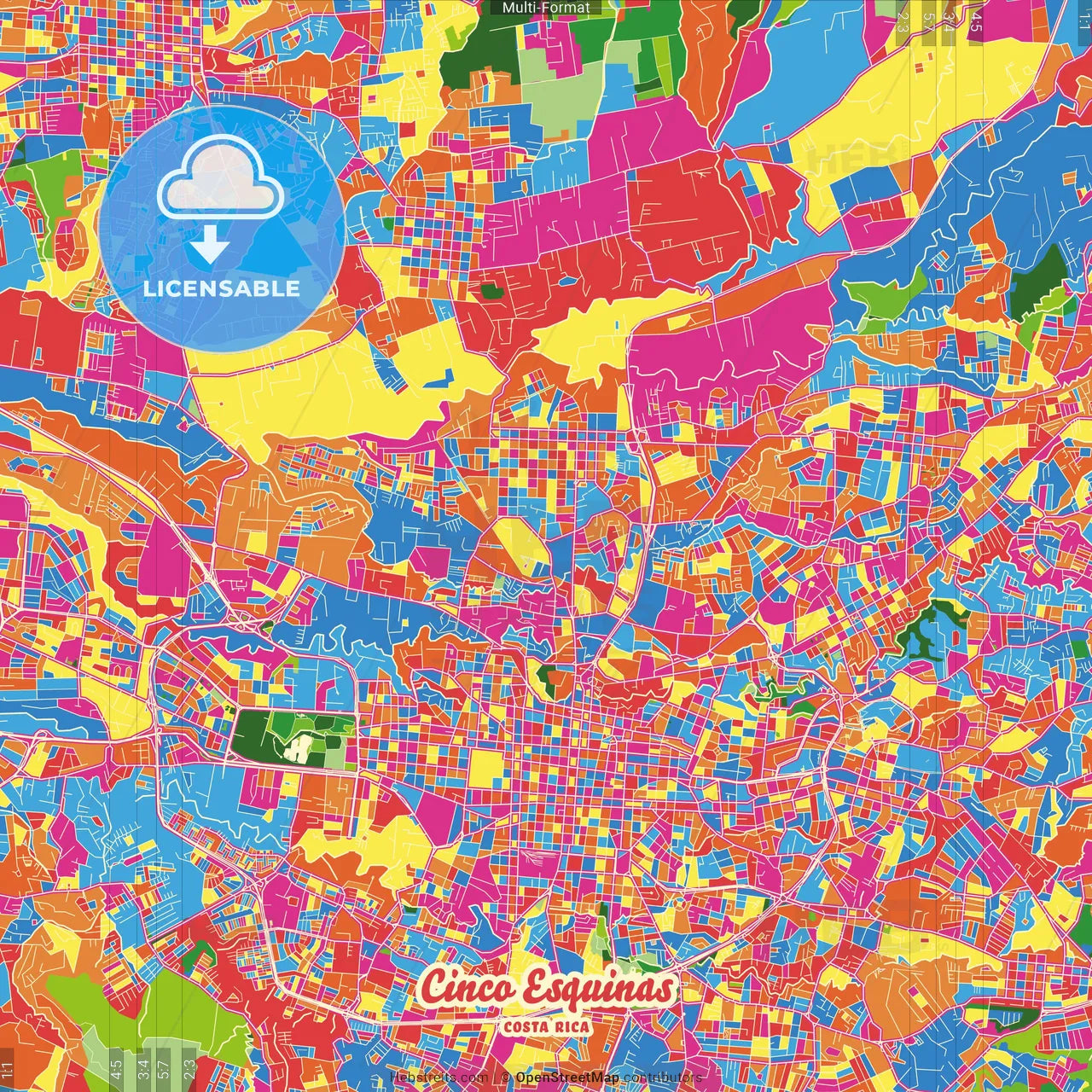 Cinco Esquinas, San José, Costa Rica Crazy Colorful Street Map Poster Template