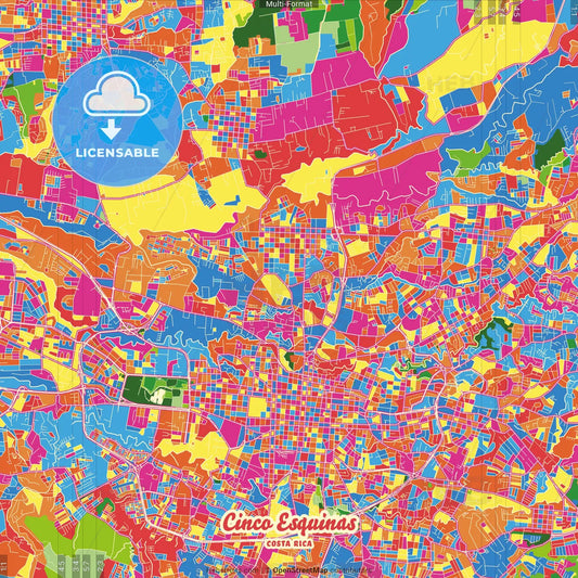 Cinco Esquinas, San José, Costa Rica Crazy Colorful Street Map Poster Template