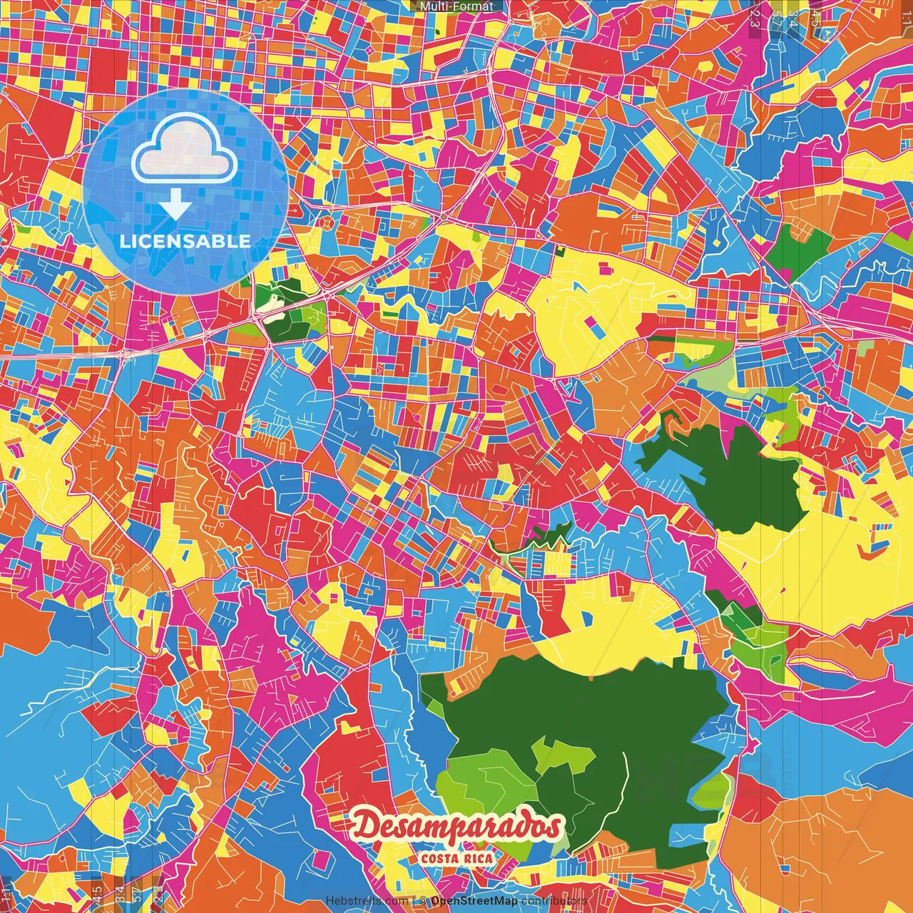 Desamparados, San José, Costa Rica Crazy Colorful Street Map Poster Template