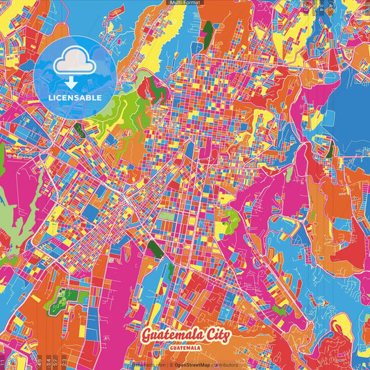 Guatemala City, Guatemala, Guatemala Crazy Colorful Street Map Poster Template