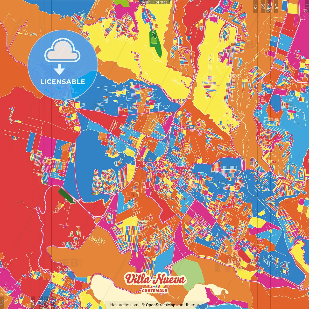 Villa Nueva, Guatemala, Guatemala Crazy Colorful Street Map Poster Template
