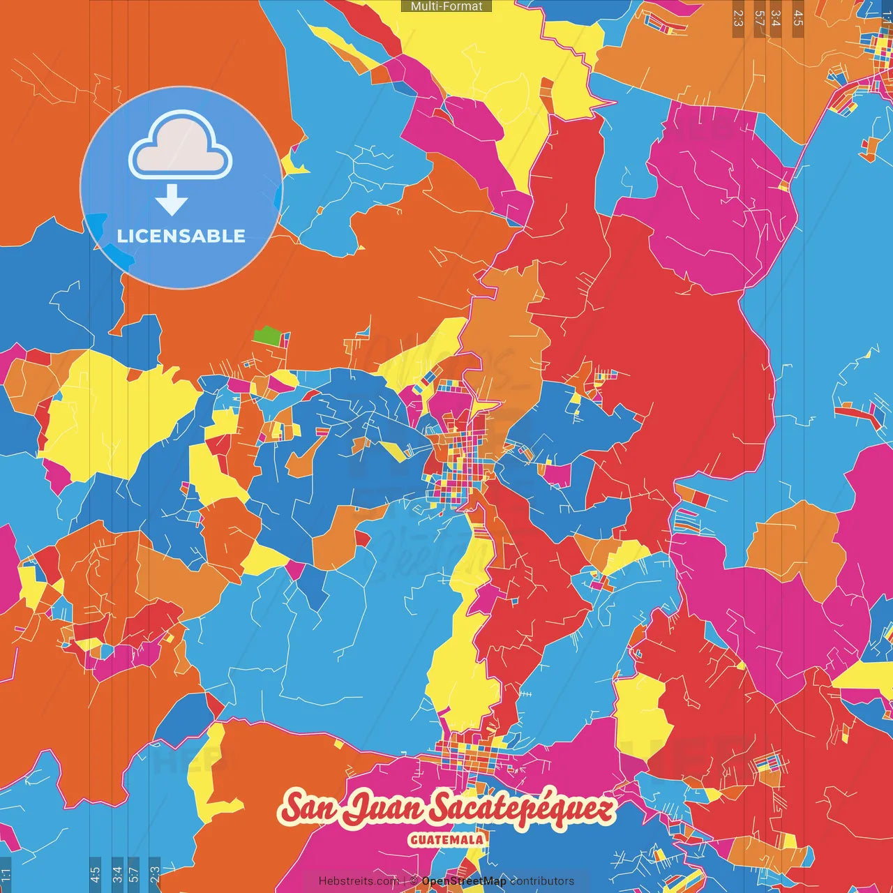 San Juan Sacatepéquez, Guatemala, Guatemala Crazy Colorful Street Map Poster Template