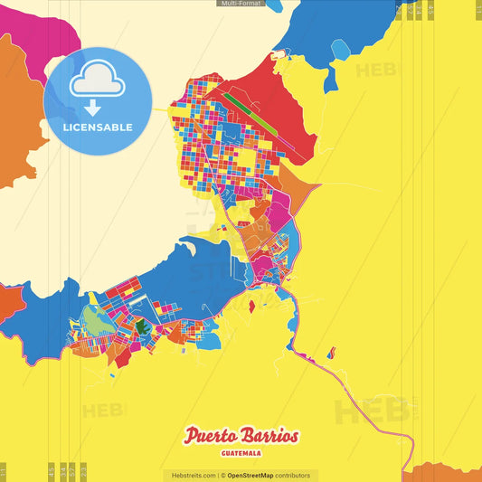 Puerto Barrios, Izabal, Guatemala Crazy Colorful Street Map Poster Template