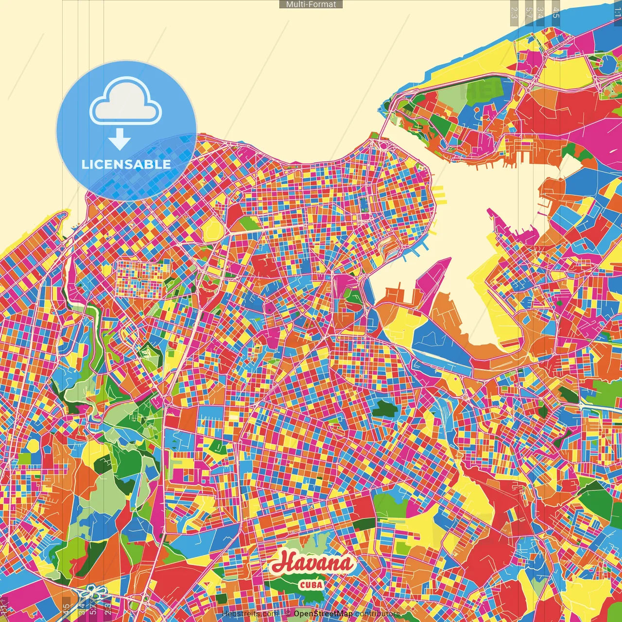 Havana, Havana, Cuba Crazy Colorful Street Map Poster Template