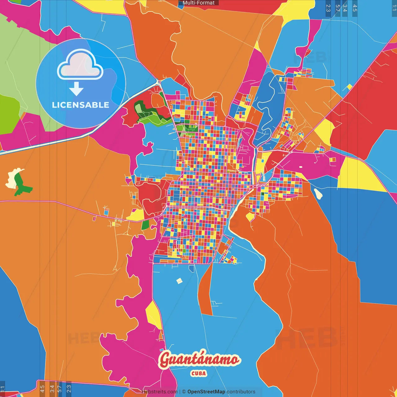 Guantánamo, Guantánamo, Cuba Crazy Colorful Street Map Poster Template