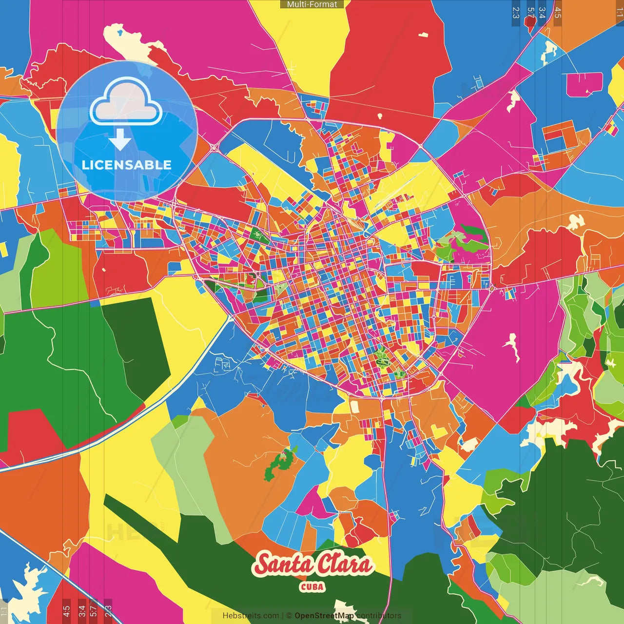 Santa Clara, Villa Clara, Cuba Crazy Colorful Street Map Poster Template