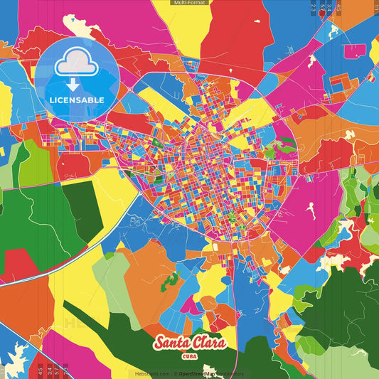 Santa Clara, Villa Clara, Cuba Crazy Colorful Street Map Poster Template