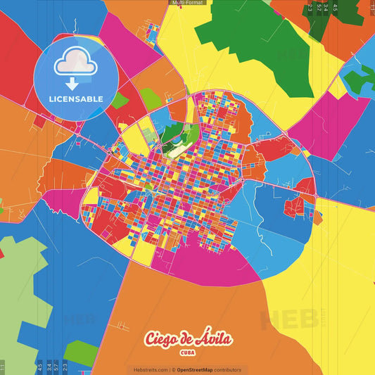 Ciego de Ávila, Ciego de Ávila, Cuba Crazy Colorful Street Map Poster Template