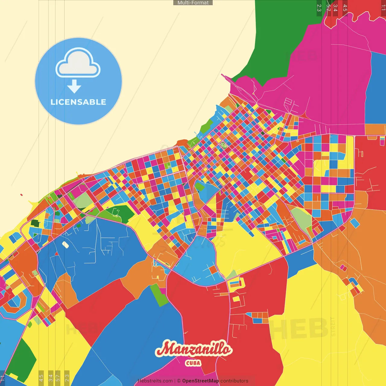 Manzanillo, Granma, Cuba Crazy Colorful Street Map Poster Template