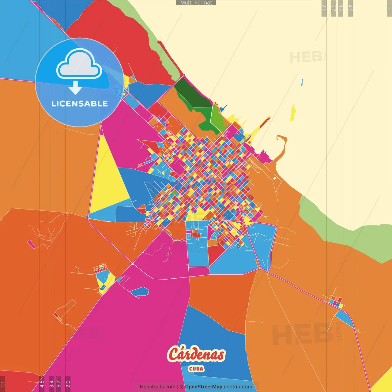 Cárdenas, Matanzas, Cuba Crazy Colorful Street Map Poster Template