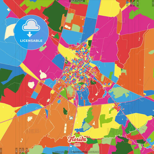 Florida, Camagüey, Cuba Crazy Colorful Street Map Poster Template