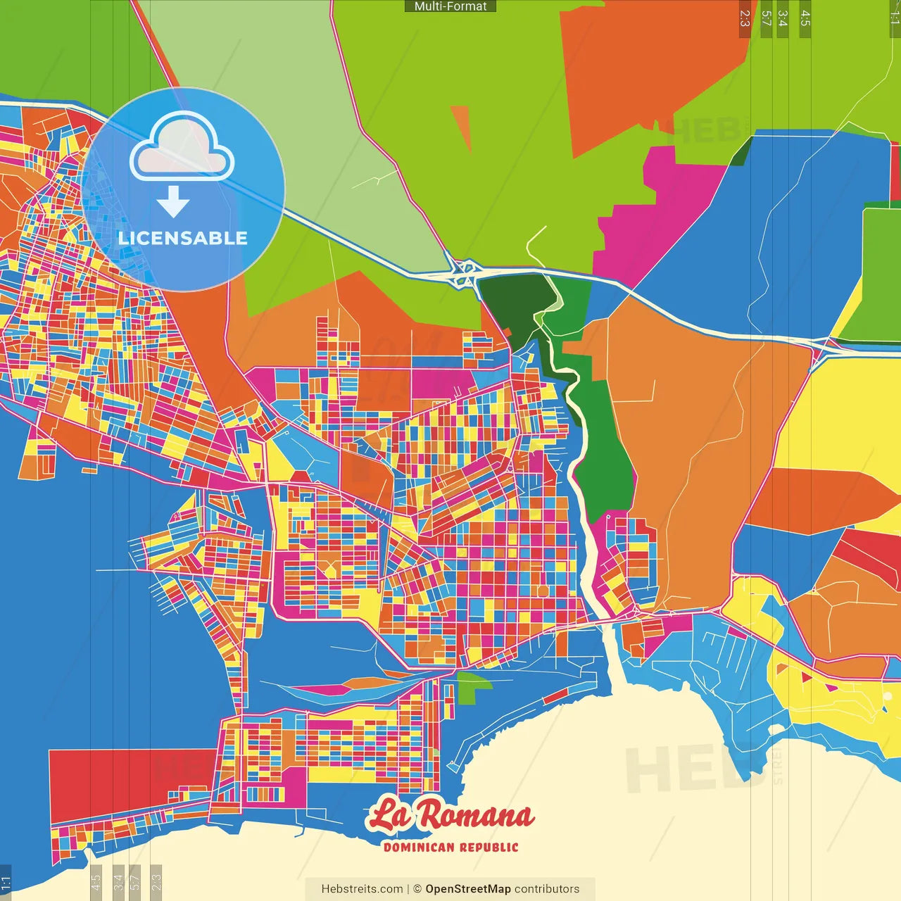 La Romana, La Romana, Dominican Republic Crazy Colorful Street Map Poster Template