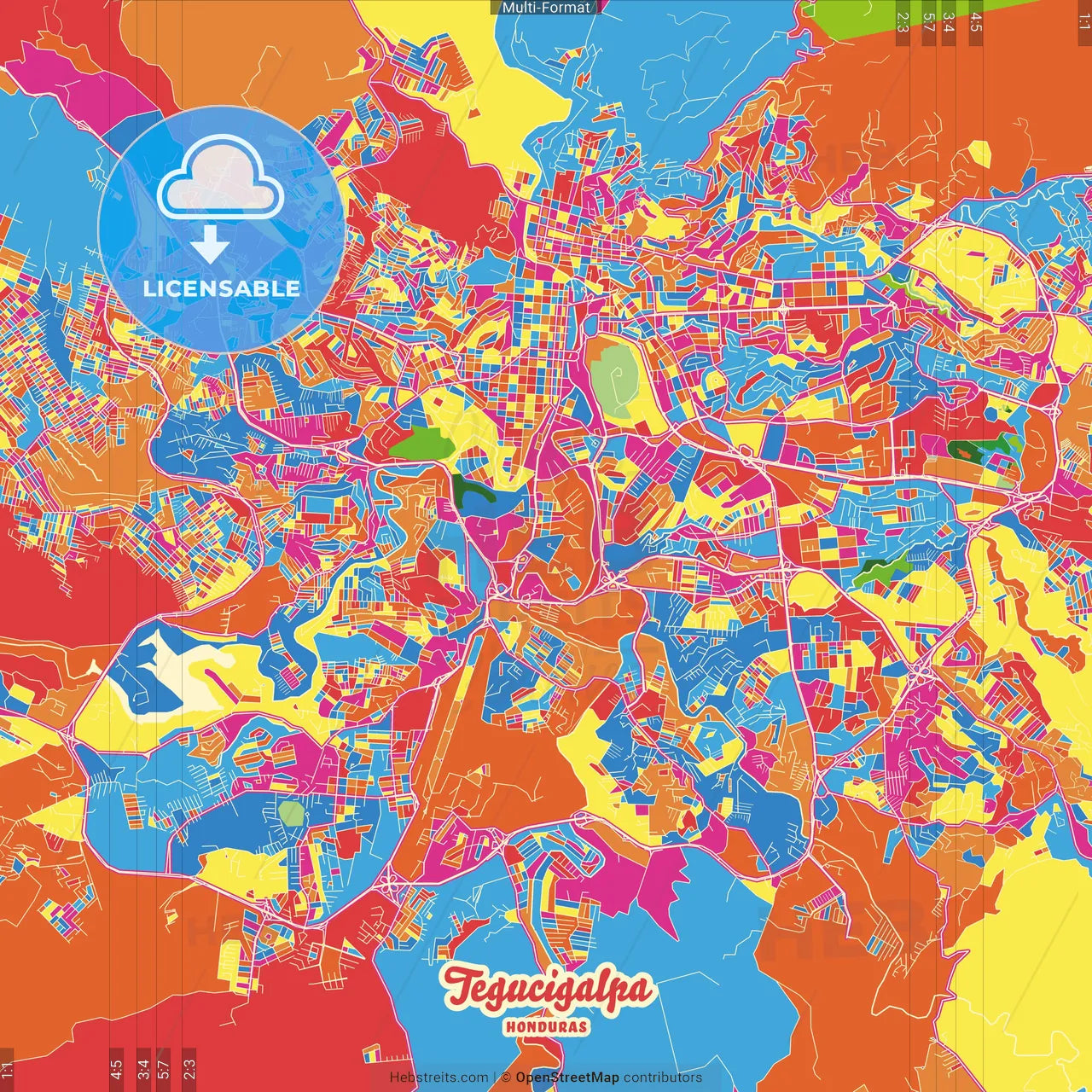 Tegucigalpa, Francisco Morazán, Honduras Crazy Colorful Street Map Poster Template