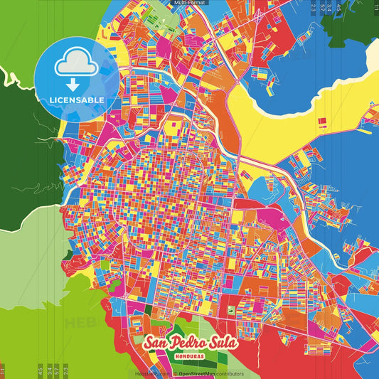 San Pedro Sula, Cortés, Honduras Crazy Colorful Street Map Poster Template