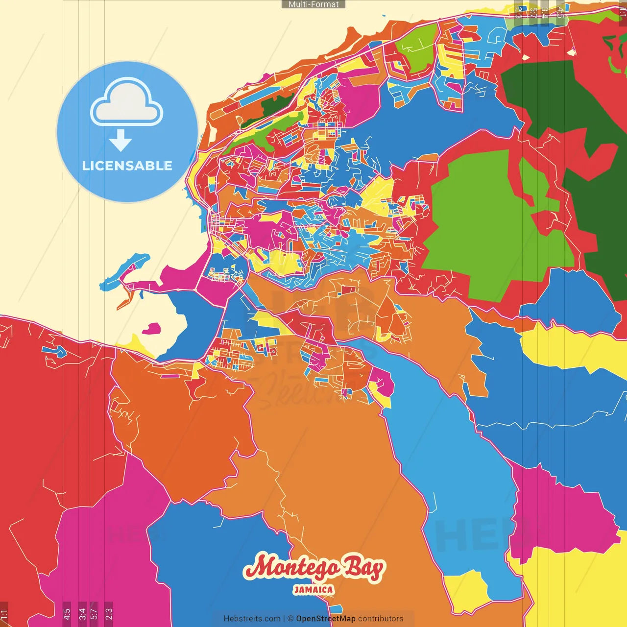 Montego Bay, Saint Catherine, Jamaica Crazy Colorful Street Map Poster Template