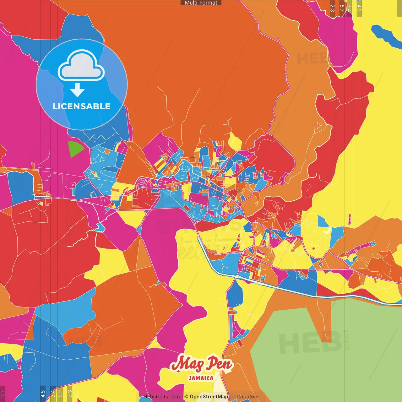 May Pen, Manchester, Jamaica Crazy Colorful Street Map Poster Template