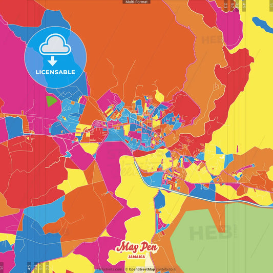 May Pen, Manchester, Jamaica Crazy Colorful Street Map Poster Template