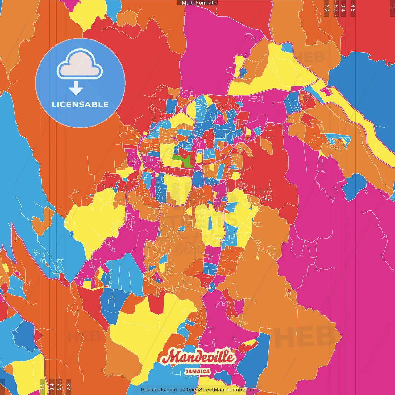 Mandeville, Saint James, Jamaica Crazy Colorful Street Map Poster Template
