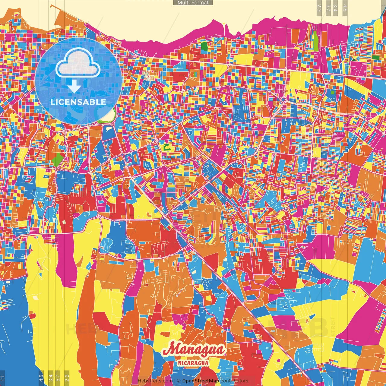 Managua, Managua, Nicaragua Crazy Colorful Street Map Poster Template