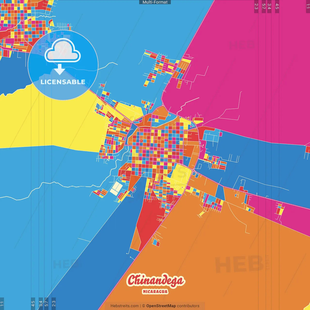 Chinandega, Chinandega, Nicaragua Crazy Colorful Street Map Poster Template