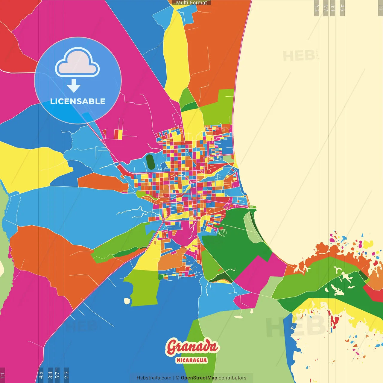 Granada, Granada, Nicaragua Crazy Colorful Street Map Poster Template