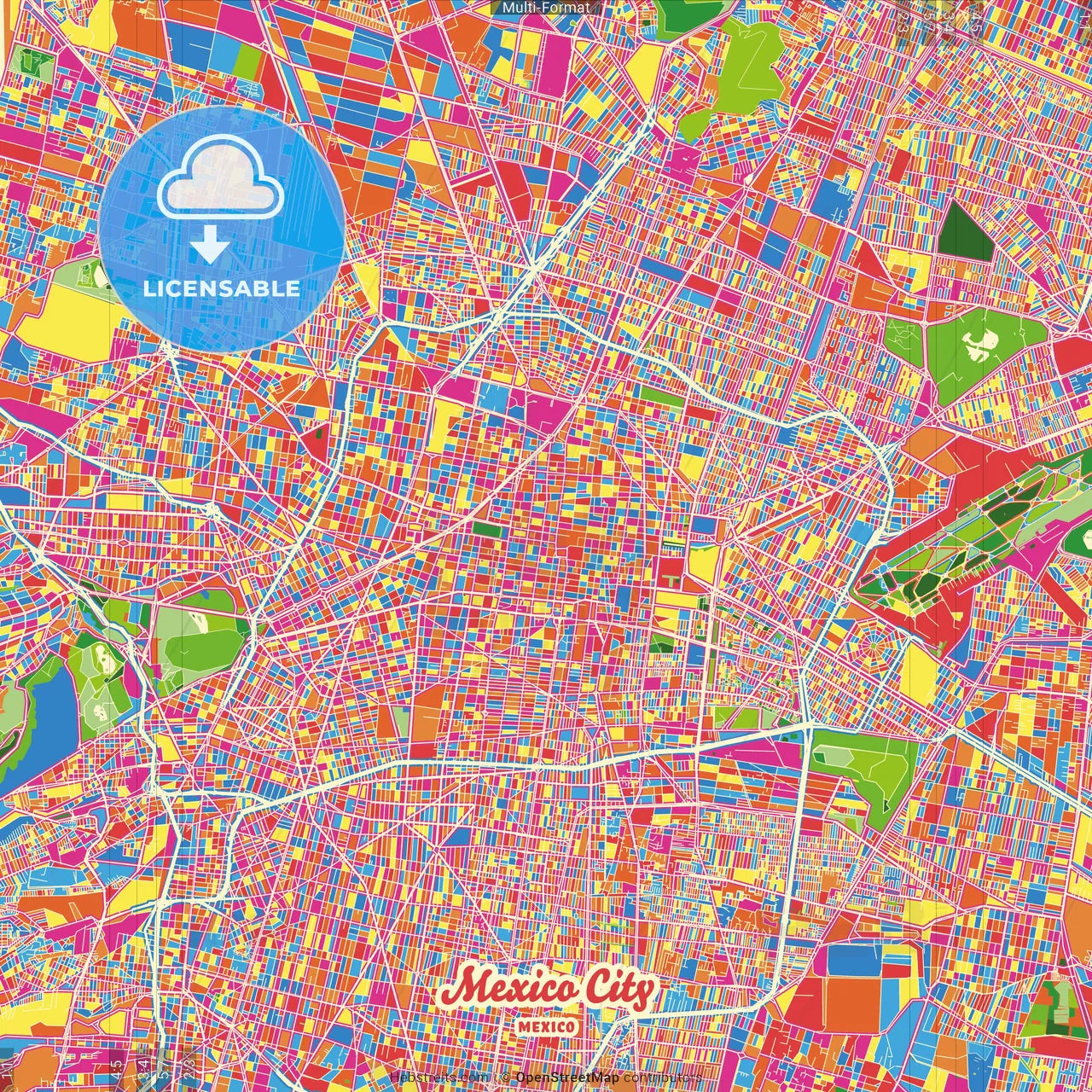 Mexico City, Mexico City, Mexico Crazy Colorful Street Map Poster Template