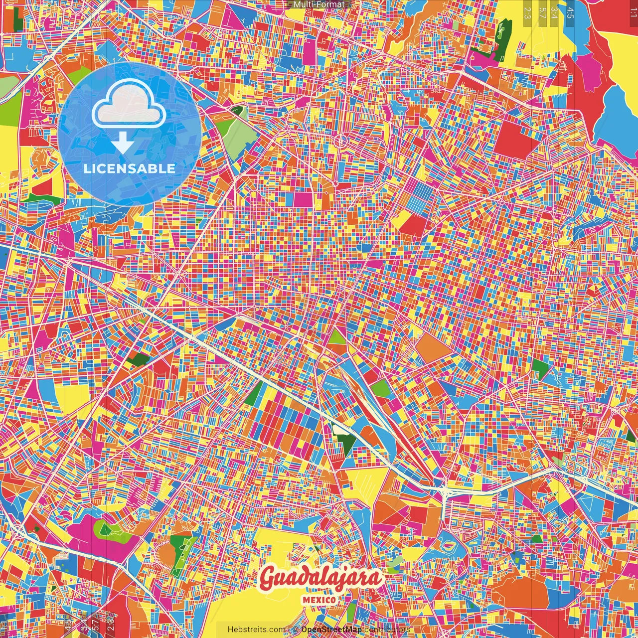 Guadalajara, Jalisco, Mexico Crazy Colorful Street Map Poster Template